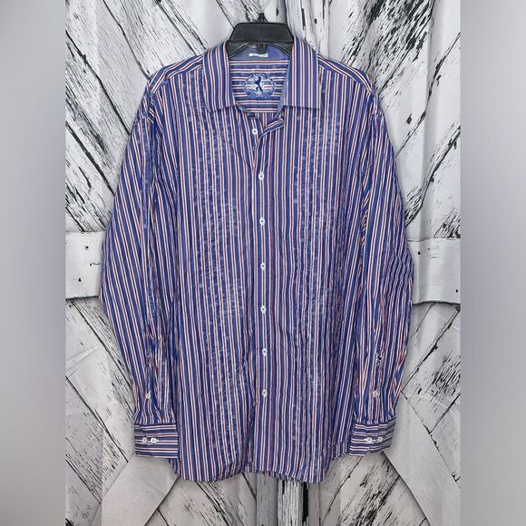 Bugatchi Shaped Fit Button Up Shirt Stripes Blue Red 3X - Picture 1 of 12